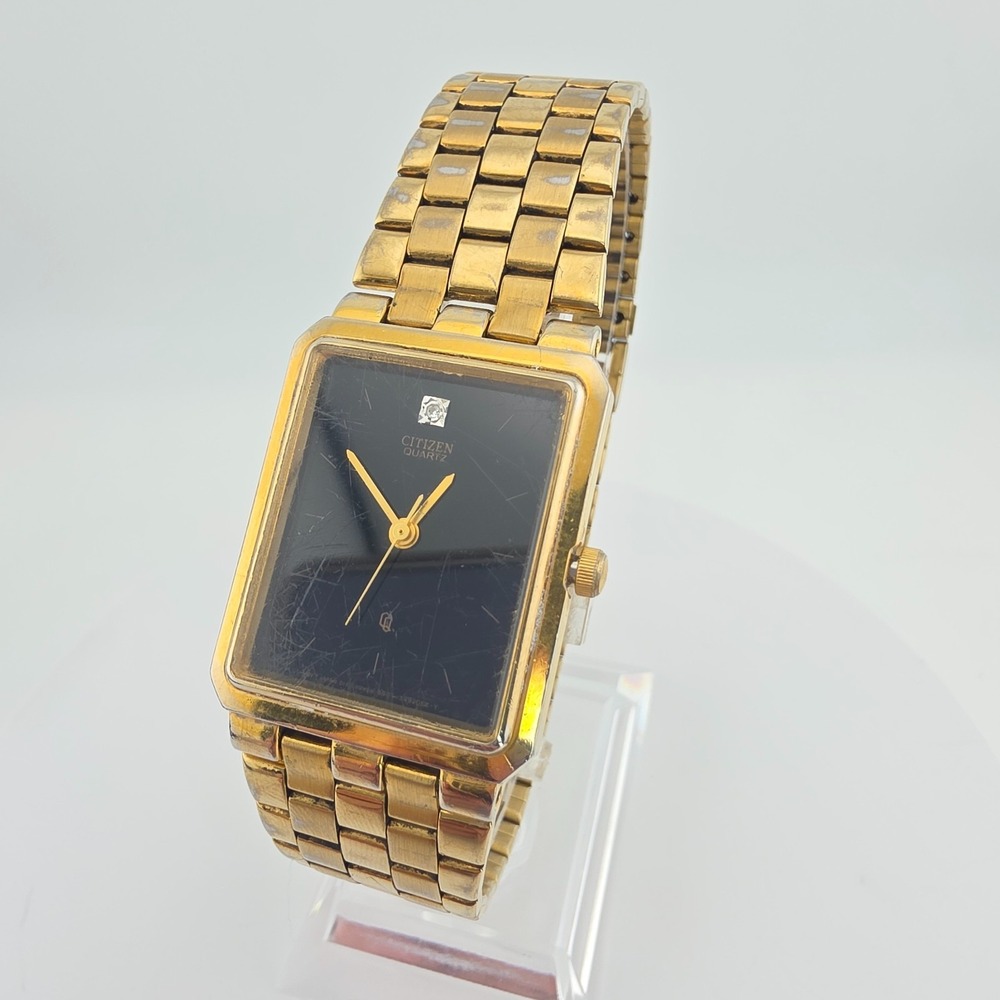 Vintage CITIZEN Mens Tank Watch Crystal Accdent Black Yellow Gold Plate 7.5"